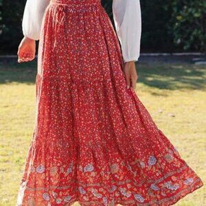 Boho Floral Print Red Prairie Ruffle Maxi Skirt Women's Size Medium